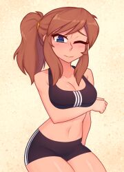 2d a_hat_in_time ass big_ass big_breasts blue_eyes blush blushing_at_viewer breasts brown_hair hat_adult hat_kid looking_at_viewer medium_support_(meme) meme_attire navel one_eye_closed ponytail sport_shorts sports_bikini sports_bra sports_shorts sports_uniform sportswear thighs wide_hips xyroni