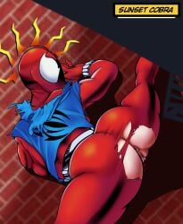 1girls 2d ass ass_focus ben_reilly big_ass big_breasts bodysuit bubble_butt dat_ass female female_only huge_ass looking_back marvel marvel_comics masked_female perfect_ass ripped_bodysuit round_ass rule_63 scarlet_spider solo spider-man_(series) sunsetcobra