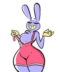 anthro bunny_ears clothed curvy_male eyes_closed femboy fur gloves gooseworx jax_(the_amazing_digital_circus) male plasticrarity purple_body smiling tagme the_amazing_digital_circus thick_thighs yellow_mouth