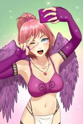 blue_eyes costume hypnosis peace_sign phone pink_hair selfie spiral_clicker wings