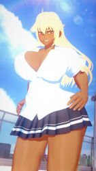 1girls band-aid bandaid bandaid_on_cheek bandaid_on_face big_breasts blonde_hair blue_skirt breasts cleavage clothed clothing dark-skinned_female dark_skin deep_cleavage female gakuen_no_ikenie_nagusami_mono_to_kashita_kyonyuu_furyou_shoujo_~hakudaku_ni_okasareru_kasshoku_&_daniku_no_kyouen~ glowing_hair gyaru human kaoskatsu kuro_gyaru legs long_hair low-angle_view miniskirt nipple_bulge pleated_skirt shoko_(gakuen_no_ikenie) short_skirt skirt sky sun sunlight sunrays thighs white_shirt white_topwear yellow_hair