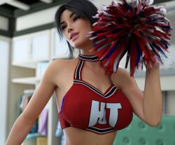 1girls 3d 3d_model big_breasts black_hair caroline_(milfy_city) cheerleader_uniform female female_only huge_breasts icstor milf milfy_city ponytail solo