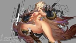 areolae big_breasts blonde_hair boots breasts claws fangs huge_breasts legs looking_at_viewer lunoxean masha_(mobile_legends) mobile_legends mobile_legends:_adventure nipples nude open_mouth pussy red_eyes solo spread_legs vagina very_long_hair