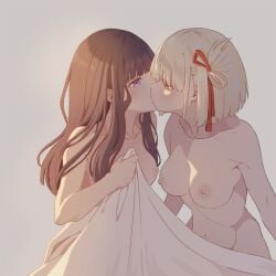 2girls bed_sheet black_hair blonde_hair blush bob_cut breasts collarbone commentary_request eye_contact grey_background hair_ribbon highres inoue_takina kissing large_breasts long_hair looking_at_another lycoris_recoil medium_breasts multiple_girls navel nipples nishikigi_chisato nude one_side_up purple_eyes red_eyes red_ribbon ribbon short_hair sidelocks simple_background tonht yuri