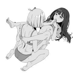 2girls barefoot blush breasts clothes_lift commentary_request greyscale hair_ribbon highres inoue_takina legs_up long_hair looking_at_another lycoris_recoil lying medium_breasts monochrome multiple_girls nipples nishikigi_chisato on_back one_side_up ribbon shirt_lift short_hair sidelocks simple_background sitting sweatdrop tonht underwear underwear_only wariza white_background yuri