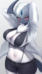 1girls absol anime anthro anthro_female big_breasts blush blushing_at_viewer breasts commission furry furry_female generation_3_pokemon horned_female horned_humanoid kemonoyou looking_at_viewer midriff navel pokémon_(species) pokemon pokemon_(species) red_eyes shorts solo solo_female video_games