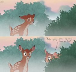 bambi bambi_(character) bambi_(film) brown_body brown_fur cervine closed_eyes cold deer digital_drawing_(artwork) digital_media_(artwork) disney ears_back ears_up faline fawn_spots female feral fog foggy foggy_background fur hi_res male mammal mule_deer new_world_deer open_mouth peeing pivoted_ears plant reinderworld shrub smile surprise surprised_expression tan_body tan_fur text young