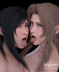 3d aerith_gainsborough ahe_gao black_hair final_fantasy final_fantasy_vii final_fantasy_vii_remake naked naked_female tifa_lockhart tongue tongue_out xapo69 yuri