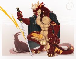 anthro balls claws dragon finger_claws genitals hair hi_res katana looking_at_viewer male melee_weapon mostly_nude nerton penis red_body red_hair simple_background solo sword tail toe_claws weapon