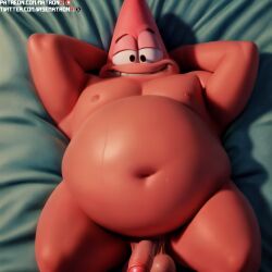 4k ai_generated ass balls belly_button big_ass big_balls big_belly chubby highres lying lying_on_bed male male_only matronai_(artist) morbidly_obese morbidly_obese_male nickelodeon obese obese_male on_bed overweight patreon patreon_username patrick_star pink_skin pinup spongebob_squarepants stable_diffusion starfish sweat thick top_view twitter_username