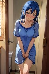 ai_generated bedroom blue_hair blush desperation embarrassed love_live! love_live!_school_idol_project nightgown peeing peeing_self small_breasts solo solo_female sonoda_umi tears wetting wetting_clothing