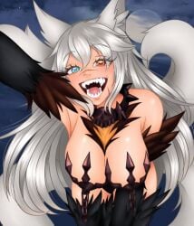 1girls 9_tails armpits big_breasts black_fur blue_eyes breasts clothes covered_nipples cute fangs fur goth goth_girl grin grinning halloween heterochromia huge_breasts indie_virtual_youtuber kenonomimi kitsune kitsunemimi light-skinned_female light_skin looking_at_viewer mithra_tsukiaki_(vtuber) nine_tailed_fox red_eyes scar smile smiling solo_female thick_thighs virtual_youtuber