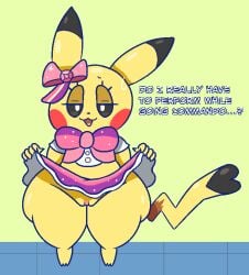 :3 anthro black_eyes bottomwear bow_ribbon clothed clothing cosplay cosplay_pikachu dipstick_ears dipstick_tail ellipsis english_text female generation_1_pokemon genitals half-closed_eyes looking_at_viewer markings multicolored_ears narrowed_eyes nintendo no_underwear pikachu pikachu_pop_star pokemon pokemon_(species) pupils pussy question_mark skirt slem solo tail tail_markings text thick_thighs white_pupils wide_hips yellow_body