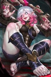 1girls briar_(league_of_legends) fangs feet female female_only league_of_legends neoartcore painted_fingernails painted_nails pillory prisoner riot_games sharp_fingernails sideboob thick thick_thighs white_eyes