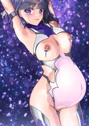 arion arion_canvas bishoujo_senshi_sailor_moon black_hair hands_up hotaru_tomoe lipstick nipples pierced_nipples pregnant pregnant_belly pregnant_female purple_eyes sailor_saturn short_hair smile