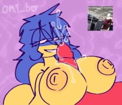 1boy 1girls bedroom_eyes blue_hair breasts countryhumans countryhumans_girl cum cumshot ejaculating_cum ejaculation ejaculation_between_breasts eyelashes female half-closed_eyes huge_breasts humanoid large_nipples long_hair male meme nipples oni_bo paizuri partial_male penis penis_between_breasts red_skin seductive_smile self_upload smile titfuck titjob tits two_tone_body ukraine_(countryhumans) united_states_of_america_(countryhumans) yellow_skin