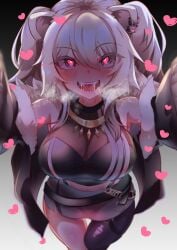 absurdres animal_ears blush breasts cleavage commentary drooling fangs female fur-trimmed_jacket fur_trim grey_eyes grey_hair heart heart-shaped_pupils heavy_breathing highres hololive hololive_gen_5 hololive_japan in_heat jacket large_breasts lion_ears meshiiro_(rome_sy) meshiirome_sy open_mouth pinned pov see-through see-through_cleavage shishiro_botan shishiro_botan_(1st_costume) single_thighhigh symbol-shaped_pupils thighhighs virtual_youtuber yandere you_gonna_get_raped