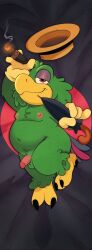 anthro avian balls beak belly bird cigar disney eyeshadow feathers genitals green_body green_feathers hi_res jose_carioca lidded_eyes makeup male male_only navel nipples nude parrot penis salamikii slightly_chubby solo