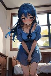 ai_generated bedroom blue_hair blush desperation embarrassed love_live! love_live!_school_idol_project nightgown peeing peeing_self small_breasts solo solo_female sonoda_umi tears wetting wetting_clothing