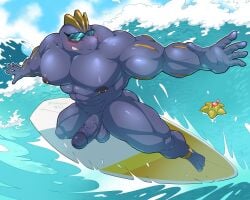 abs balls bara barazoku eyewear generation_1_pokemon genitals glans glasses hi_res humanoid machoke maldu male male_only muscular muscular_humanoid muscular_male muscular_thighs nintendo nipple_piercing nipples pecs penis piercing pokemon pokemon_(species) ryuji_kaiyo staryu surfboard surfing vein veiny_penis