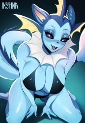 2023 anthro anthrofied bedroom_eyes bikini black_nose blue_body blue_sclera blue_skin breasts cleavage clothing cute_fangs digital_media_(artwork) ear_fins eeveelution eyelashes fangs female fin fingers fish_tail generation_1_pokemon ikstina multi_ear narrowed_eyes nintendo pokemon pokemon_(species) pose seductive solo swimwear tail taol vaporeon white_eyes