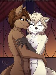 2018 anthro anthro_on_anthro brown_body brown_fur brown_hair clovis_(twokinds) colored heresy_(artist) hi_res hugging licking licking_cheek nude romantic rule_63 shirtless_anthro shirtless_male smile standing twokinds webcomic zen_(twokinds)