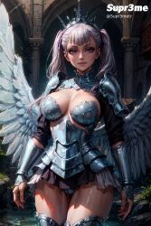 1girls ai_generated angel armor big_breasts big_breasts black_clover breasts breasts cleavage curvaceous curvy curvy_body curvy_female curvy_figure female female female_only large_breasts looking_at_viewer noelle_silva purple_eyes smile solo solo_female solo_focus supr3metr thighs twintails white_hair wide_hips wings