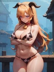 1girls 2d ai_assisted ai_generated angry bare_arms bare_legs bare_shoulders bell bell_collar blonde_hair cleavage collar cow_bikini cow_horns cow_print cow_print_bikini crossed_arms curvy erotic_nansensu fake_horns horns large_breasts long_hair midriff nakiri_erina navel parted_lips purple_eyes shokugeki_no_souma standing thick_thighs