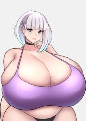 1girls big_breasts blue_eyes breasts breasts_bigger_than_head choker cleavage_overflow enormous_breasts eyebrows_visible_through_hair female female_focus female_only gigantic_breasts huge_breasts hyper_breasts large_breasts massive_breasts mole_under_eye mole_under_mouth nantene original_character short_hair solo solo_female solo_focus tank_top thick_thighs venus_body voluptuous voluptuous_female white_hair