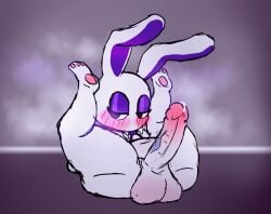 anthro arts_dingus ass balls bedroom_eyes big_balls big_butt big_penis blush bodily_fluids eyeshadow genital_fluids genitals lagomorph leporid makeup male mammal mel_doce_(virito) mouthless musk narrowed_eyes penis precum presenting rabbit seductive simple_background solo thick_thighs vein veiny_penis