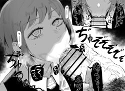 1boy 1girls :>= censored chainsaw_man earrings fami_(chainsaw_man) fellatio female gokkun greyscale highres jewelry licking licking_penis mole mole_under_eye monochrome nuezou oral penis piercing school_uniform short_hair swallowing veins veiny_penis