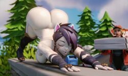 2girls 3d ass_up black_hair blender bottom_heavy breasts bubble_butt cat_ears closed_eyes erisa_(fortnite) exhibitionism fortnite huge_ass naked_footwear nude oerba_yun_fang pale_skin piper_pace_(fortnite) public short_hair skulrot99 smile