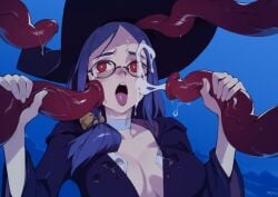 blue_hair breasts cleavage cum cum_on_face cum_on_glasses glasses handjob little_witch_academia optionaltypo red_eyes tentacle tentacle_grab tongue_out ursula_callistis witch_hat