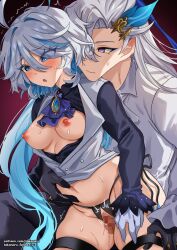 1boy ahoge black_gloves blue_eyes blush breasts censored female furina_(genshin_impact) genshin_impact gloves grabbing_own_thigh hair_between_eyes heterochromia highres long_hair mismatched_pupils multicolored_hair navel neuvillette_(genshin_impact) nipples open_mouth sex straight sweatdrop takanaru trembling white_gloves white_hair