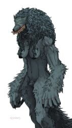 2020s 2023 4_eyes absurd_res anthro anthrofied barely_visible_genitalia big_hands black_claws black_nipples black_nose breasts canid canine canis claws colored crotch_tuft detailed detailed_fur eldritch_abomination fangs fear_and_hunger female fur genitals grey_body grey_fur grey_hair hair hi_res long_hair mammal miskaris228 moonless moonless_(fear_and_hunger) multi_eye muscular muscular_anthro muscular_female navel nightmare_waifu nipples nude pussy sharp_teeth simple_background solo teeth tuft white_background wolf yellow_eyes