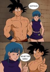 bulma_(end_of_dragonball) bulma_briefs comic_page cute cute_male dragon_ball dragon_ball_(classic) dripping dripping_wet gokutrash kiss_mark kiss_marks love lovers non_canonical_relationship son_goku wet wet_pussy