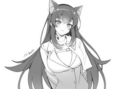 :3 absurdres animal_ear_fluff animal_ears arms_behind_back artist_name black_hairband blush breasts cat_ears chest_strap coat collared_shirt counter:side cropped_jacket fake_animal_ears female greyscale hair_between_eyes hair_ornament hairband head_tilt highres large_breasts long_hair long_sleeves looking_at_viewer maett monochrome seo_yoon shirt sidelocks smug_face snap-fit_buckle solo upper_body white_background