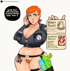 1girls ben_10 breasts busty buttplug cartoon_network cheems cleavage english_text female female_only gnashershells green_eyes gwen_tennyson hairy hairy_pussy highres holding_object horny horny_jail massive_breasts painted_nails police police_uniform policewoman pov pubic_hair question red_hair solo speech_bubble text watergun watermark