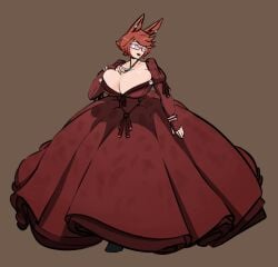 2d ball_gown big_breasts bursting_breasts cleavage dress final_fantasy final_fantasy_xiv glasses jakearmorsmith miqo'te red_hair s’erkai_destland