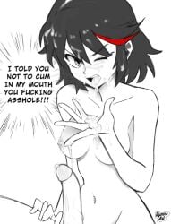 1boy 1boy1girl 1girls angry black_hair breasts cum cum_in_mouth cum_inside cum_on_tongue cursing facial female human insult kill_la_kill matoi_ryuuko medium_breasts navel nipples offscreen_character one_eye_closed open_mouth partially_colored penis rynessart tomboy tongue tongue_out unwanted_cum_inside unwanted_cumshot unwanted_facial white_background