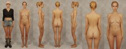 1girls 3d 3d_model blonde_hair clothed/nude completely_nude completely_nude_female dirty_blonde_hair female female_only landing_strip laura_kearney lineup nude nude_female ponytail studio the_quarry