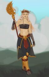 2d arm_wraps armored_female athletic_female blonde_hair blood_elf fingerless_gloves flat_chest flower_in_hair green_eyes holding_weapon leyawin looking_at_viewer small_breasts smirk tubetop warcraft weapon