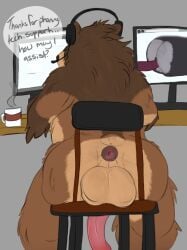 anal anal_sex anthro anus ass balls bear beverage big_balls big_penis boarteeth brown_bear chair chubby_anthro chubby_belly chubby_male coffee coffee_cup coffee_mug computer computer_monitor computer_screen container cup desk erection furniture genitals grizzly_bear hair headgear headphones headset hi_res kuruk_(character) male mammal mane mane_hair nude nude_anthro nude_male penetration penis pornography raised_tail sitting slightly_chubby solo table tail tech_support third-party_edit ursine