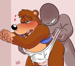 absurd_res anon anthro backpack bag banjo-kazooie banjo_(banjo-kazooie) blush bodily_fluids briefs brown_body brown_fur bulge clothing cum cum_in_clothing cum_in_underwear cum_through_clothing cum_through_underwear detailed_bulge duo fur gay genital_fluids heart hi_res looking_pleasured male male/male pretzelgremlin rareware tighty_whities underwear wedgie wet wet_clothing wet_underwear white_briefs white_clothing white_underwear