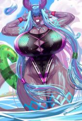 big_breasts blue_hair cleavage curvy fate/grand_order fate_(series) gaikiken grey_skin horns huge_breasts ibuki_douji_(fate) long_hair looking_at_viewer looking_down_at_viewer mature_female one-piece_swimsuit oni oni_horns pointy_ears pool pool_toy rozendraws tall_female thick_thighs wide_hips