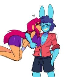 1boy 1boy1girl 1girls alien alien_girl alien_humanoid big_breasts blue_hair blue_skin bracelet breasts bunny_ears cartoon_network closed_eyes couple daredemon7000 dc dc_comics female floating happy huge_boobs huge_breasts kissing kissing_cheek male miniskirt monamania orange_skin pants relle shirt skirt small_skirt smile smiling starfire superhero superheroine superpowers teen_titans