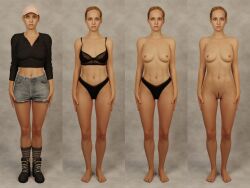 3d 3d_model black_bra black_lingerie black_panties clothed/nude dirty_blonde_hair female female_only landing_strip laura_kearney lineup lingerie lingerie_only panties_only pubic_hair sequence short_hair studio the_quarry topless topless_female