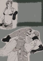 1boy1girl big_boss bikini body_hair boots eyepatch gloves metal_gear_solid nipple_slip pubic_hair pyreofsunflowers quiet_(metal_gear) ripped_stockings squirting tactical_gear tights venom_snake