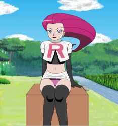 blue_eyes jessie_(pokemon) panties pantyshot pink_hair pokemon purple_panties sitting skirt smile upskirt yonkaku