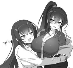 2girls artist_name blush blush_stickers breast_awe breasts cheek_press cleavage collarbone collared_shirt counter:side dot_nose furrowed_brow gloves greyscale hair_between_eyes highres hood hooded_jacket hug jacket jitome large_breasts long_hair long_sleeves looking_at_another looking_at_breasts maett monochrome multiple_girls necktie open_clothes open_jacket open_mouth ponytail pushing_away seo_yoon seo_yoon_(counter:side) shirt sidelocks sketch smile sweatdrop teasing upper_body wavy_mouth white_background yoo_mina